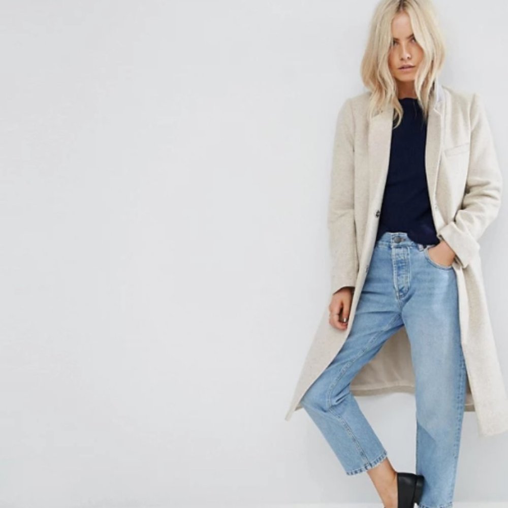 Wool-Blend Oatmeal Longline Slim Fit Winter Coat